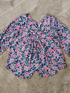 LC Lauren Conrad Womens Floral ¾ Sleeve Chiffon Blouse Pleated Button Front XS